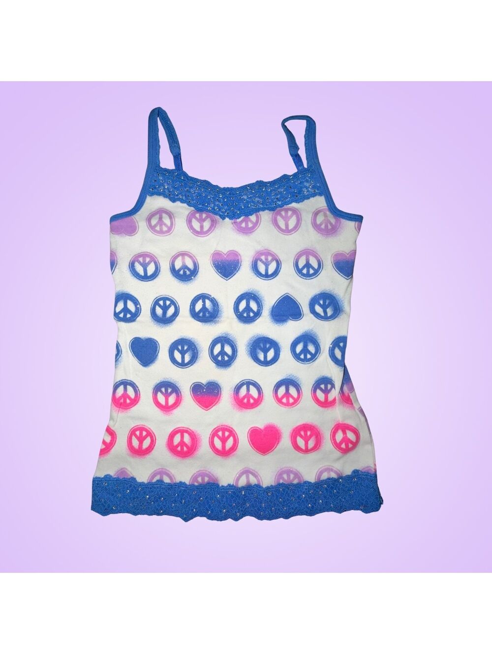 Justice Girls Camisole Tank Top White Blue Peace Signs Hearts Lace Trim Size 10
